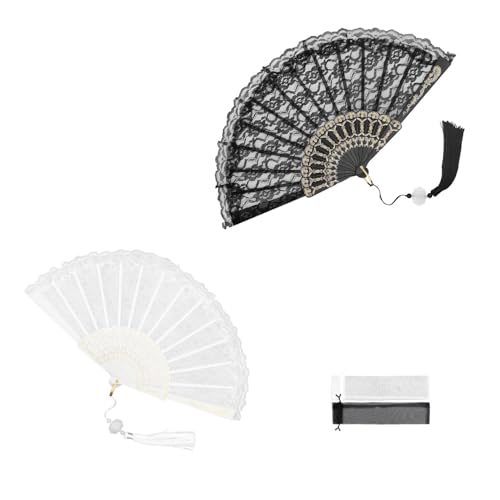 Verpakking van 2 Lace Tassel Ventilator zwart wit Vouwhand Ventilator met hanger voor ballen, partijen, seminars, bruiloften