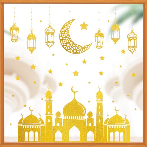 4 Vellen Goud Glitter Eid Mubarak Window Stickers Ramadan Kareem Window Clings voor glazen vensterdecoraties