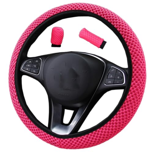 3-in-1 Universele autostuurwielhoes 37-38 cm Niet Slip ademend Rooster Stof Zomer Stuurwiel Hoes Stuurwiel Bescherming voor Vrachtwagen Auto Accessoires Roze