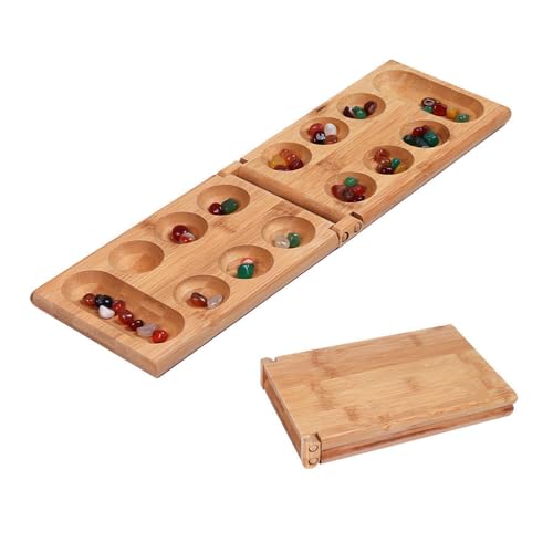 Sea Mancala Bordspel Set Kalaha Board Game met opvouwbare spelbord Natural Stone Pebbles Families Houten Board Games Mancala Games Strategisch spel voor kinderen en volwassenen