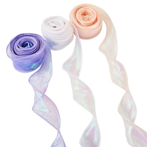 3 Rolls Polyester Iridescent Fishtail Ribbon Glittering Chiffon Libbons voor bruiloft Bouquet Wrap Bows Kramen Decoratie DIY Crafts,9m(9m/Roll