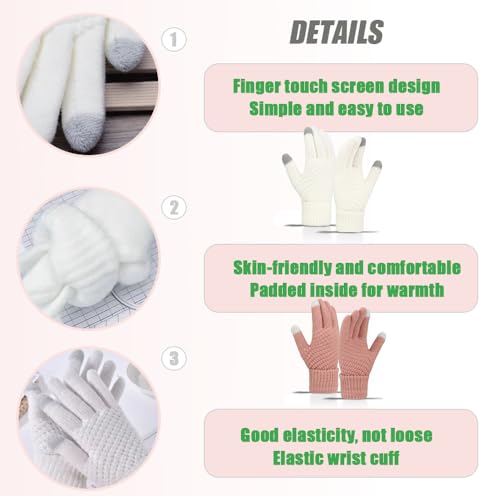 2 Paren Women's Winter Thermische Gebreide Handschoenen Vrouwen Winter Touchscreen Handschoenen Winter SMS Handschoenen Elastische Manchet Non-Slip Handschoenen (Wit, Roze), Wit, Roze,, Wit, Roze 3