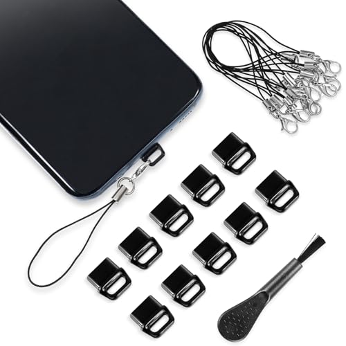 10 st USB C Stofplug Cover, Type C Port Plug met 10 st Lanyard Telefoon Ring Ring Strap en Reiniging Brush, Opladen Port Cover USB C Mobiele telefoon Port Caps (Zwart)