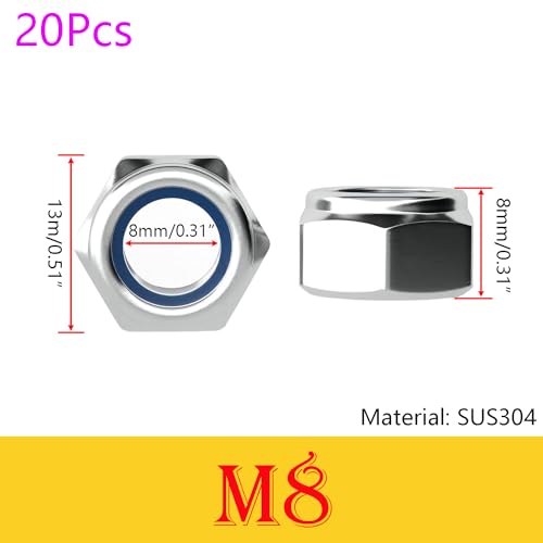 20 st. 304 roestvrij staal M8 Hex Noten, Stop Noten, Zelfvergrendelende Noten, Metrische Hex Noten, Nylon Noten