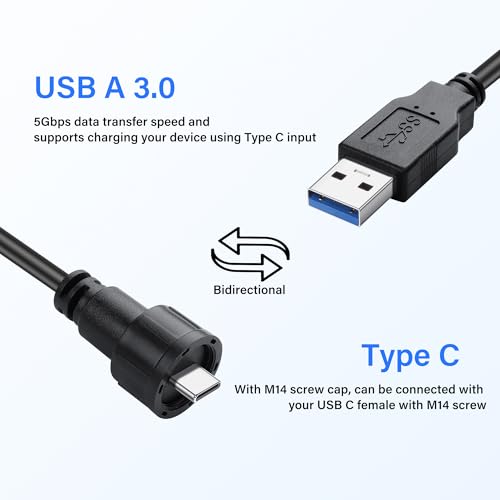 USB3.0 naar USB C Kabel USB C Man naar USB A 3.0 Man Tweeweg Transmissie Oplaadadapter met Threaded Vaste, 30cm/11.8in