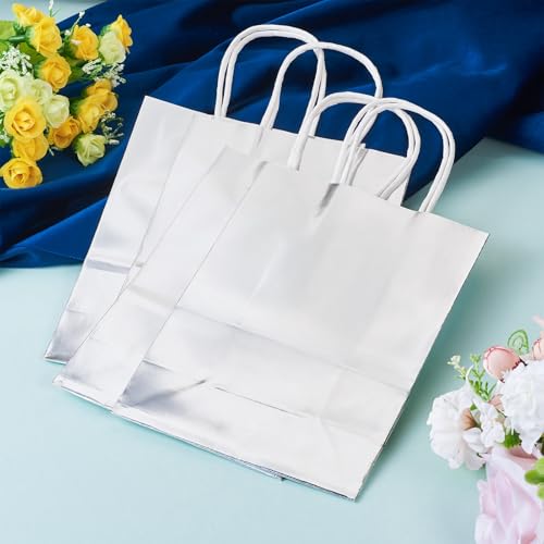 12 stuks Zilveren Cadeautassen, Metallic Paper Rechthoekige Tas, Glitter Kraft Papier Winkelmandjes met handvatten voor kleine bedrijven, Party, Verjaardag, Bruiloft, Bruidsdouche, 20 4