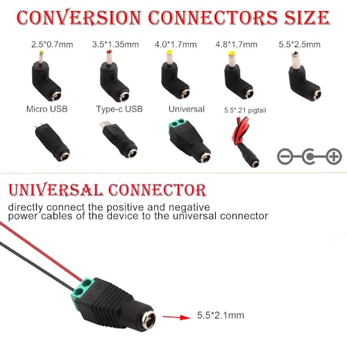 Universal USB to DC 5V Plug Cable, 9-in-1 USB A to Hollow Plug, DC Adapter Cable for Routers, Mini Fans, Speakers and Other 5V Devices (1m, Black)