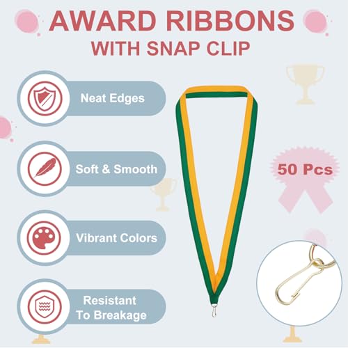 Award Neck Ribbons, 50 Pack Polyester Medal Lanyards met Snap Clip Blanc Award Ribbon voor wedstrijden Performance Sport Party, Groen/Geel 3