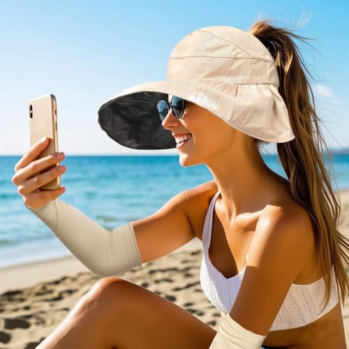 Brede zonnehoeden voor vrouwen met mouwen, opvouwbare zomerhoed voor reizen en UV-bescherming handschoenset, lichtgewicht Travel Accessoires voor buitenactiviteiten, Beige, One Size, beige, One size