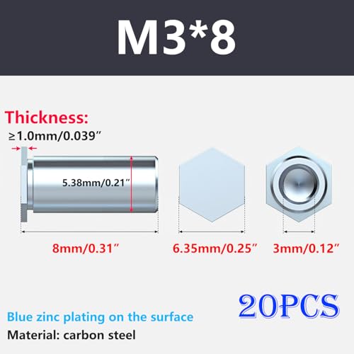 20 st Rivet Noten, Hex Rivet Nut, M3 x 8mm Vrouwelijke Thread Walk Noten, Rivet Nut Gemaakt van Galvanized Carbon Steel voor staal, Legering, Metaal