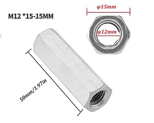 Verpakking van 5 Carbon Steel M12 M12 Socket Hexagonal Sleeve M12 50 Long Nut M12 met Thread Shank M12 voor Noten, Threaded Fasteners (M12 x 50-15mm) 3