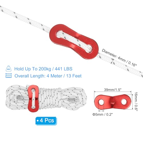 4mm Tent touw, 4Scs 13ft Reflectieve Guy Touw koord gebonden touw Paracord Cord Camping Touwen met rood aluminium koord Richters voor Camping Wandeltent, Wit