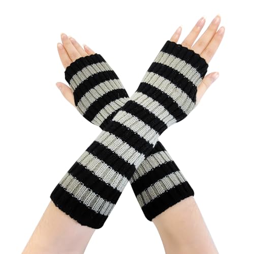 Vingerloze handschoenen Vrouwen thermische mode lange vingerloze handwarmers Zwarte Grijze Warm Gebreide Winterhandschoenen met Duimgaten voor Vrouwen Meisjes Wit Zwart One Size, wit en zwart