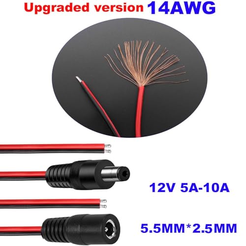 2st 14 AWG 12V 5.5mm x 2,5mm DC Power Pigtail Kabel, 5525 DC Power Jack Barrel Connector voor beveiliging thuis, bewakingscamera en Party Lighting (1m)