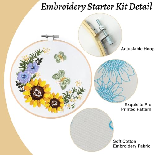 Borduurwerk Kits voor volwassenen, Beginners, Zonnebloem vlinder patroon borduren Starter Kit Eenvoudige Cross Stitch Kits met borduurwerk Kleding en Hoop, Naalden, Gekleurde Threads en instructie 5