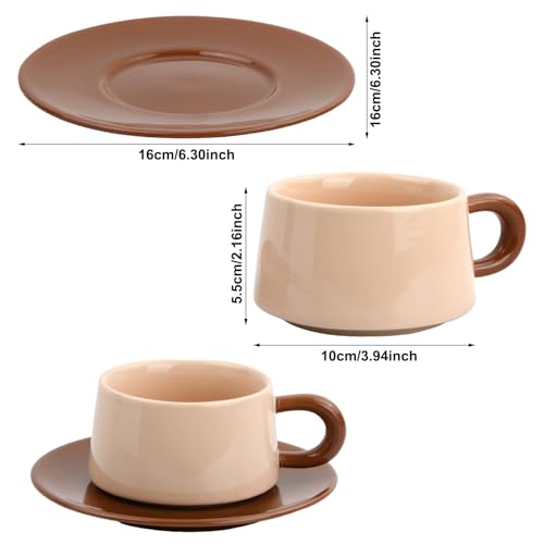 Koffie Beker 220 ml Set van Beker en Saucer, Koffie Bekers en Cappuccino, Middag Thee Beker, Ontbijt Bekers, Keramische, Espresso Bekers met Handvat voor Melk, Moka (Donker Bruin)