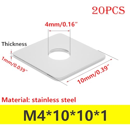 20 stuks vierkante ringen, roestvrijstalen ringen M4 x 10 x 10 x 1 mm, vierkante ringen voor bevestiging