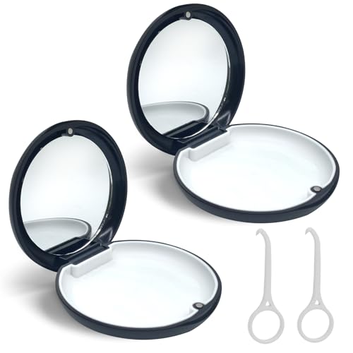 Tandheelkundige Apparaathouder met Spiegel, 2 stuks, Portable Rack en Pinion Holder voor Orthodontische Apparaten, Lege Doos voor Gedeeltelijke prothesen met Uitlijningsgereedschap (Zwart + Zwart)
