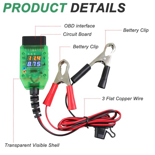 OBD2 autobatterij verandering Saver Geheugen Voertuig, OBD-autogeheugen Saver Protection Connector 12V digitale weergave OBDII Batterij Leak Detective Kit met 5A Fuse, 10A Fuse 3