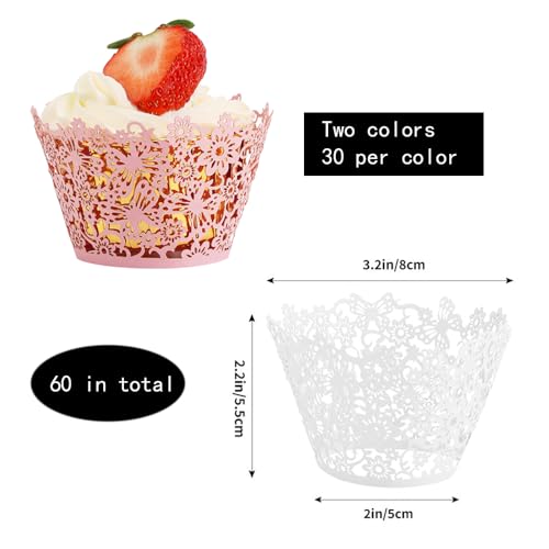 60 st cupcake wrappers, kant cupcake liners, artistiek bakken cake papier kopjes parel kant filigrae bruiloft cupcake wrapper laser gesneden cupcake gevallen voor verjaardag bruiloft
