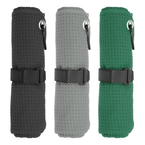 24"x16" Microfiber Golf Handdoek, 3 Pack Tri-Fold Golf Handdoeken Wafelpatroon Handdoeken Absorptie met D-clip, haak en lusbijlage, zwart/grijs/donker groen