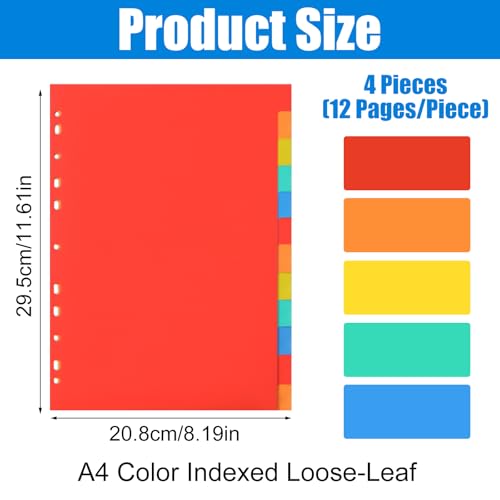 Set van 4 12-delige mappen, tabbladen, plastic, mappen, tabbladen, A4-formaat, 11 gaten, mappen, tabbladen, gekleurde mappen, tabbladen, tabbladen, A4-bandtabbladen voor mappen, mappen