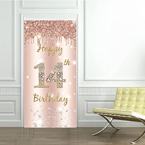 14e verjaardag meisje decoratie - Gelukkige verjaardag Rose Gold Deur Banner, Stof Tekenposter, Achtergrond Banner voor verjaardag partij 3
