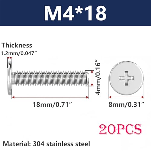 20 st. Dunne platte ronde kop, Phillips kop Schroeven, Roestvrij staal Volledige draad, M4 x 18mm Machine Schroeven voor meubelmontage, Houtbewerking Projecten