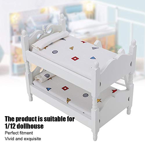 Bicaquu Poppenhuis Bunk Bed, 1:12 Mini Poppenhuis Bed, Miniatuur Simulated Houten stapelbed, Meubilair, Model Speelgoed Accessoires (White) 3