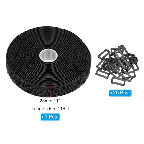Haak en lus riemen 1" x 30cm met 25 st Plastic Buckle, Vasten Cinch riemen, Herbruikbare Nylon bevestigingskoorden voor opslag organisatie, zwart