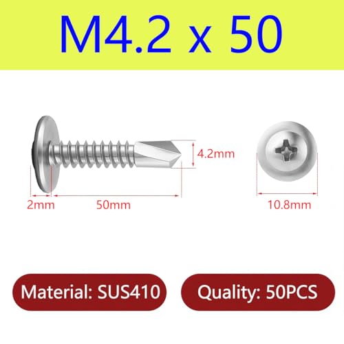 50 st Roestvrij stalen boor Schroeven Plate Schroeven Zelfboren Schroeven Phillips Ronde kop Boorschroeven set met M4.2x50m m