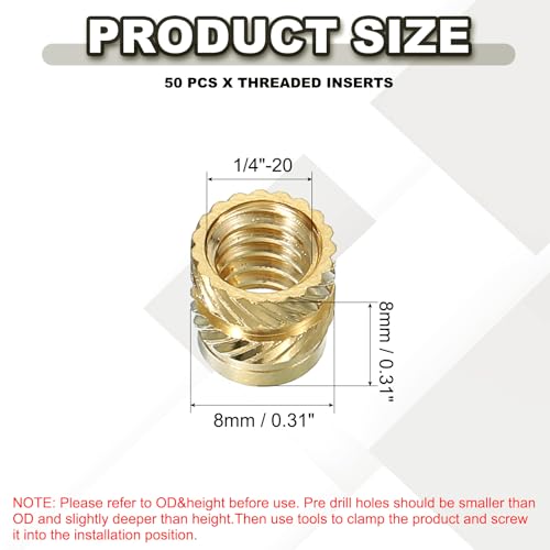 Thread Inserts 1/4 inch - 20 x 8 x 8 mm, 50 stuks messing Verwarming Inserts Vrouwelijke draad Inserts, Geribde Noten, Insert Nuts voor Plastic en
