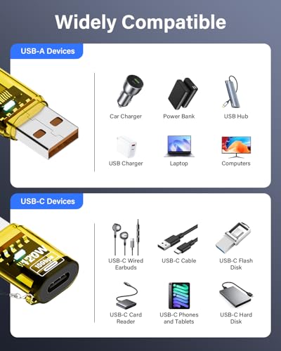 USB naar USB-C Adapter PD 120W Type-C Plug naar USB-A Bus Adapter Gegevensoverdracht en snelle lading Compatibel met Laptop, Telefoon, Tablet en PC, Pack van 2 (Een man naar C 5
