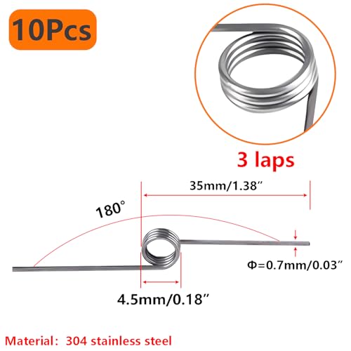 10 st V-vormige torsieveren, roestvrijstalen veer, draad diameter 0,7, 3 omwentelingen, 180°, voor reparatie project