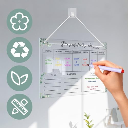 Wekelijkse Planner Wasbaar Wekelijkse Planner Magnetische Acrylic Dining Planner Week 30 x 20 cm Family Planner Planning Boards Whiteboard met 6 Wis Markers 1 Haak Witte koord Weekkalender Planning Board 3