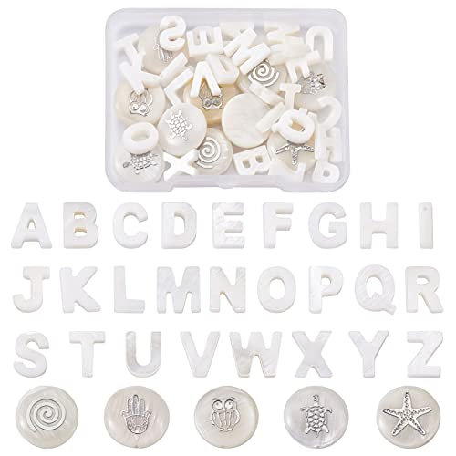 36 st. Shell Letter Kralen Natuurlijke Zoetwater Shell Kralen Alfabet Initial Charm Flat Ronde Starfish Turtle Kralen Top Brilled Kralen voor sieraden maken