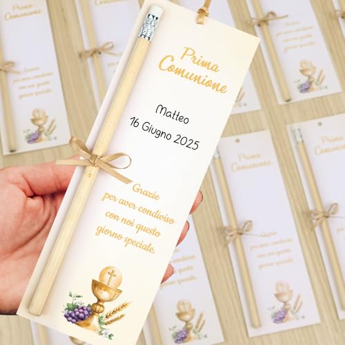 Verpakking van 30 Tafelkaarten, Bladwijzers, Communie met Potlood, Gast Cadeau, Eerste Communie, Kaarten met Cadeau Linten, Uitnodigingen, Tafel Decoratie (Goud) 5