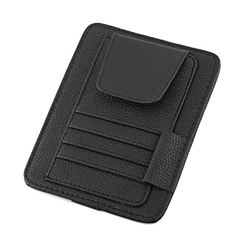 Auto Sun Visor Organisator, Multifunctionele Credit Card en zonnebril opslag Clip Bag hangzak PU leren houder (zwart)