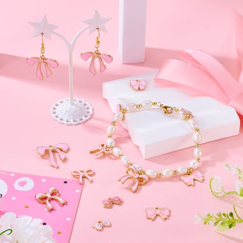 14 st. Pink Bowknot Emaill Hangers Gold Rand Bowknot Dangle Charms Legering Bow Hangers voor DIY oorbellen Ketting Present Decoration, Emaill, Enamel