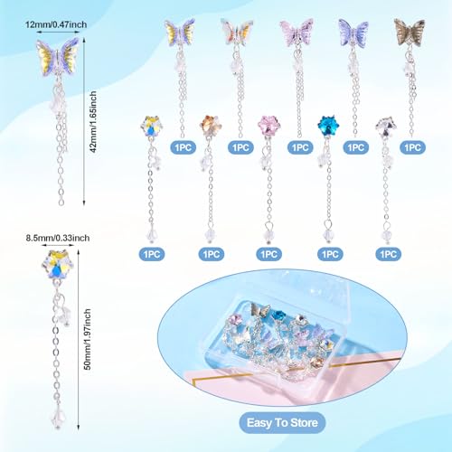 10 Styles Vlinder Bloemen 3D Nail Bedels met ketting Kleurrijke Facet Crystal Legering Glazen Cabochons voor DIY Handgemaakte nagel kunst decoratie accessoires