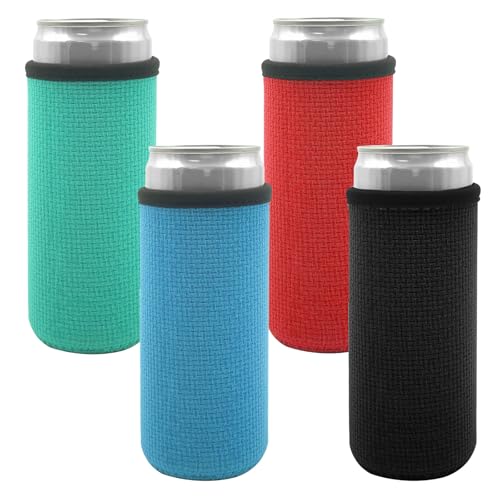 Bierkoelhoes voor minder dan 12oz/330ml Slim Can, 4 stuks geïsoleerd Neopreen kan sleeves Non Slip Can koeler houder voor bier Drank - zwart rood groen blauw