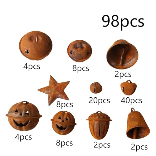 98 stuks rode belletjes, Halloween, rustieke metalen sterren, vintage voor vakantieveesten en doe-het-zelf knutselprojecten (Rusty-A)