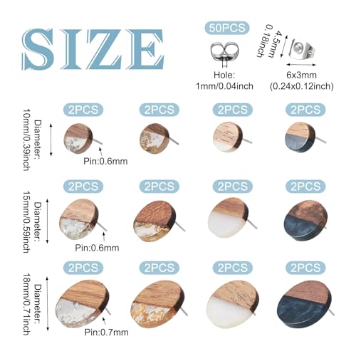 PH 24st Mixed Color Resin & Walnut Wood Flat Ronde Oorbellen met roestvrij stalen pin voor vrouwen, 12 stijlen, oorbellen 3