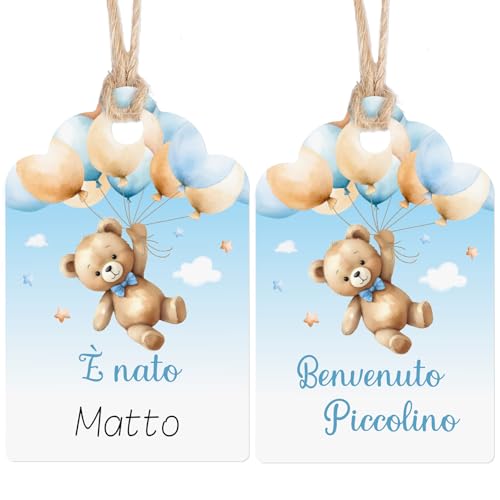 60 stuks etiketten voor baby geboorte in het Italiaans met touw (jongens)