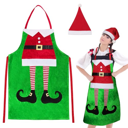 Apron en Hoed Kerstmis Apron Hoed Rood Groen Keuken Style Dwerg Elf voor Restaurant Grill Garden Bistro Cafe Decoratie Partij Kerstmis Kostuums Carnaval Cosplay, Groen, One Size, groen