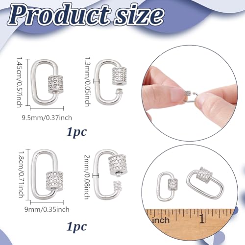 2 stuks 2 maten 925 Sterling Silver Schroef Carabiner Lock sluitingen, Oval Cubic Zirconia Keychain Lock Charms Ketting Lock Clip Bedels voor sieraden maken handtas DIY Accessoire