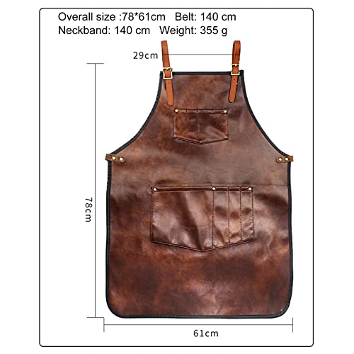 Kappersschorten, PU lederen kappersschorten keuken BBQ koken apron crossback riemen met zakken voor handwerk Grillen Smeden Lassen Bruin, Bruin