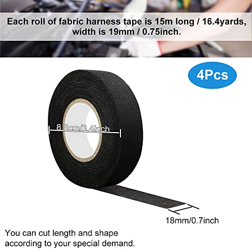 Verpakking van 4 Textiel Band Zwart draadharnas Kleefband Car Isolatie Tape Stof Tape 19 mm x 15 m Gepantserde kleefband voor huishoudelijke automotor