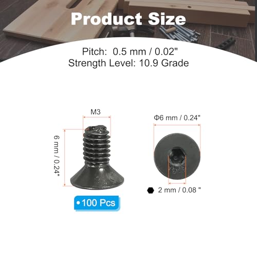 Flat Head Schroeven M3 x 6 mm, Verpakking van 100 Flat Head Schroeven met Medium Carbon Steel Hexagon Machine Schroeven, Full Thread, Black Oxide 10.9