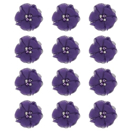 2 Inch Chiffon Bloemen, 12 Pieces Rhinestone Parel Naaistof Bloemen Kunstmatige Appliques Versieringen voor kleding Bruiloft DIY Ambacht hoofdbanden Decor, Donkerpaars